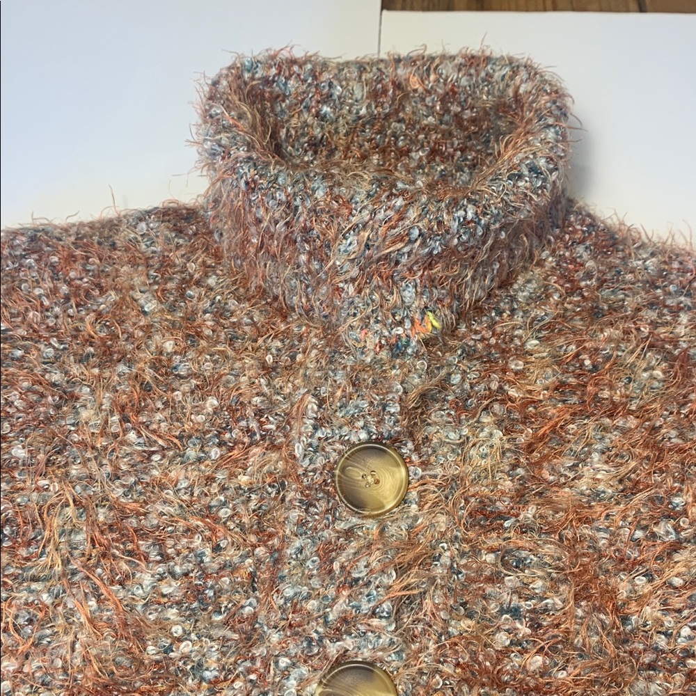 Free People Stellar Knit Pullover Sweater‎ EUC Med Blue Green Brown Eyelash Knit - Picture 9 of 16